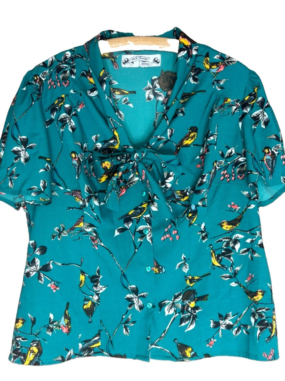 Hell Bunny Vixen Teal Birdy Print Blouse